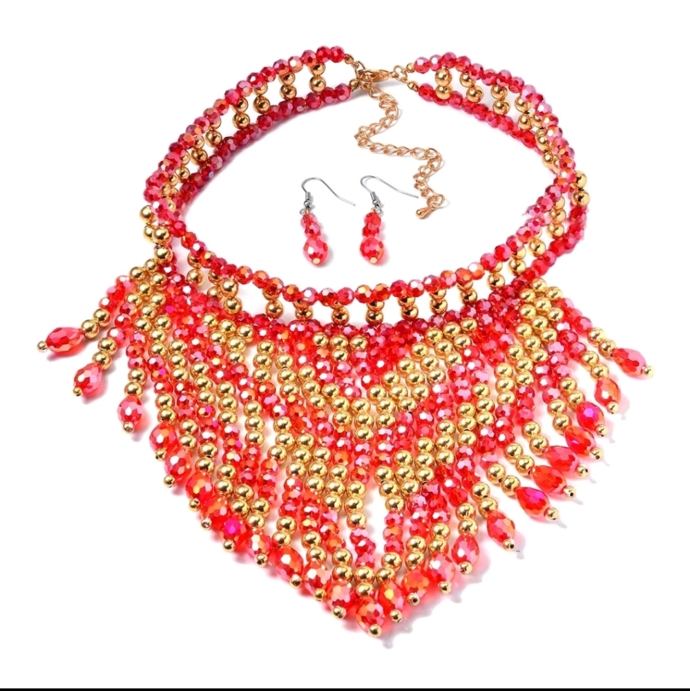 Red Glass, Resin Waterfall Necklace 16-20 Inches and Earrings in Goldtone